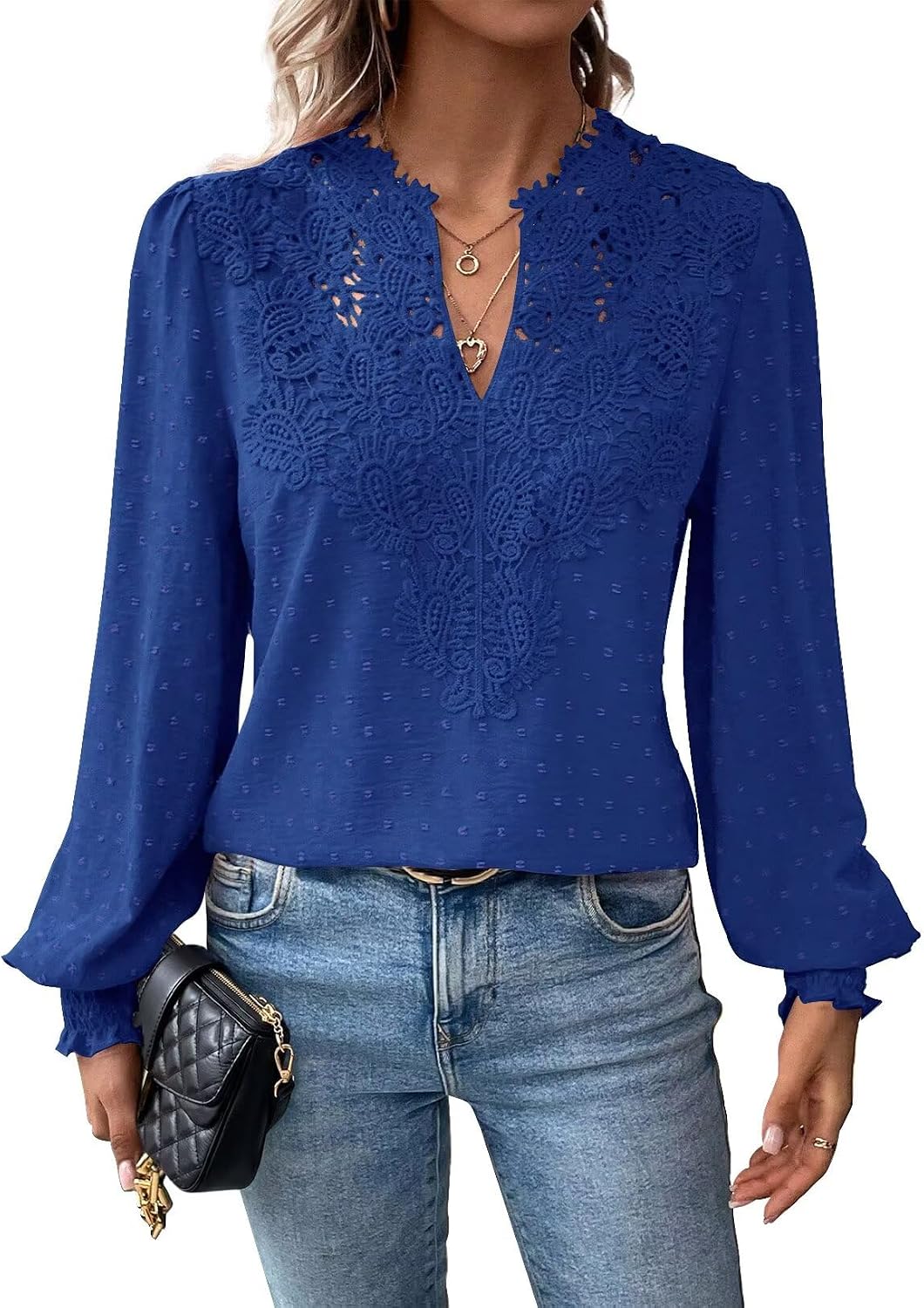 Detalle de Falechay Boho Tops for Women Long-Sleeve V-Neck Blouse with Crochet Details