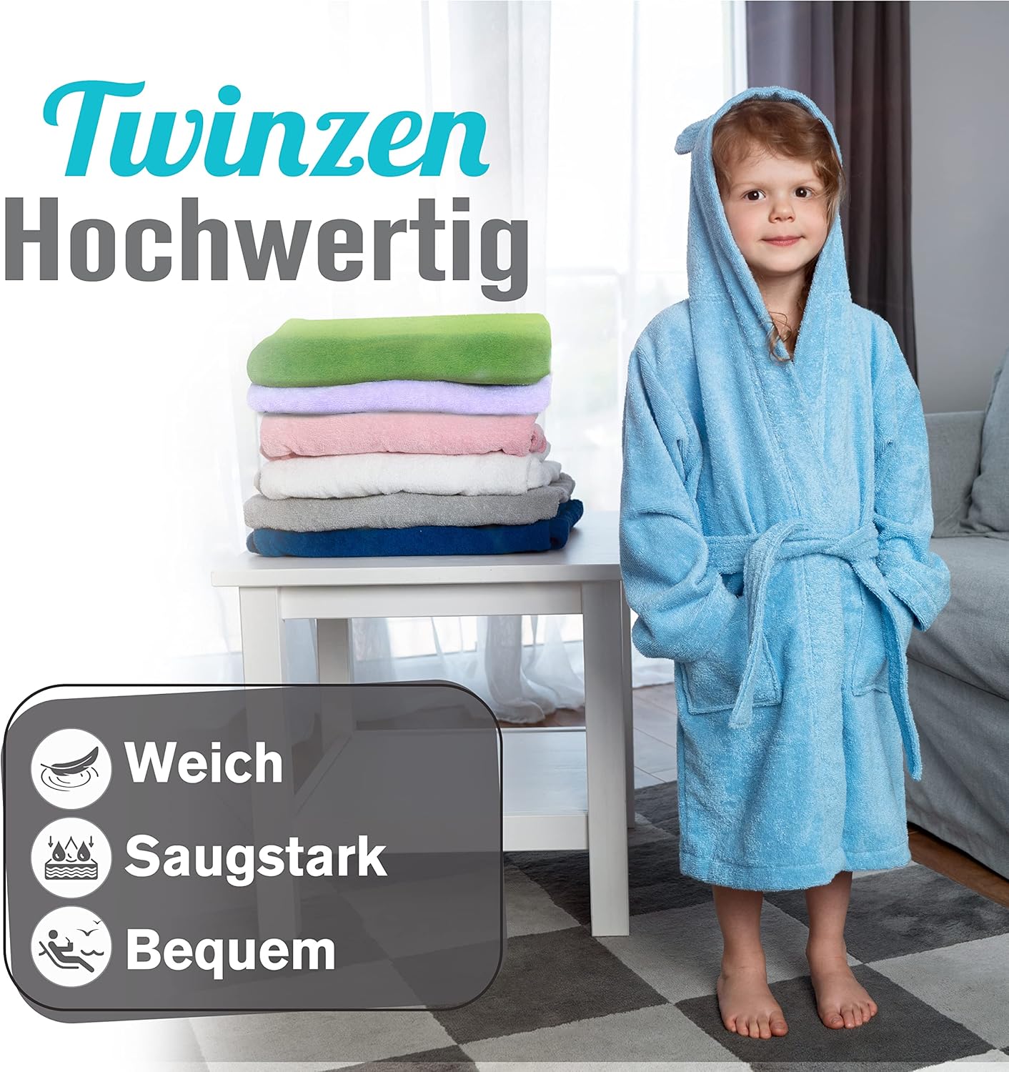 Thumbnail 1 de Twinzen Kinderbademantel aus Baumwolle – 100% Baumwollfrottee, OEKO-TEX, Kapuze mit Ohren
