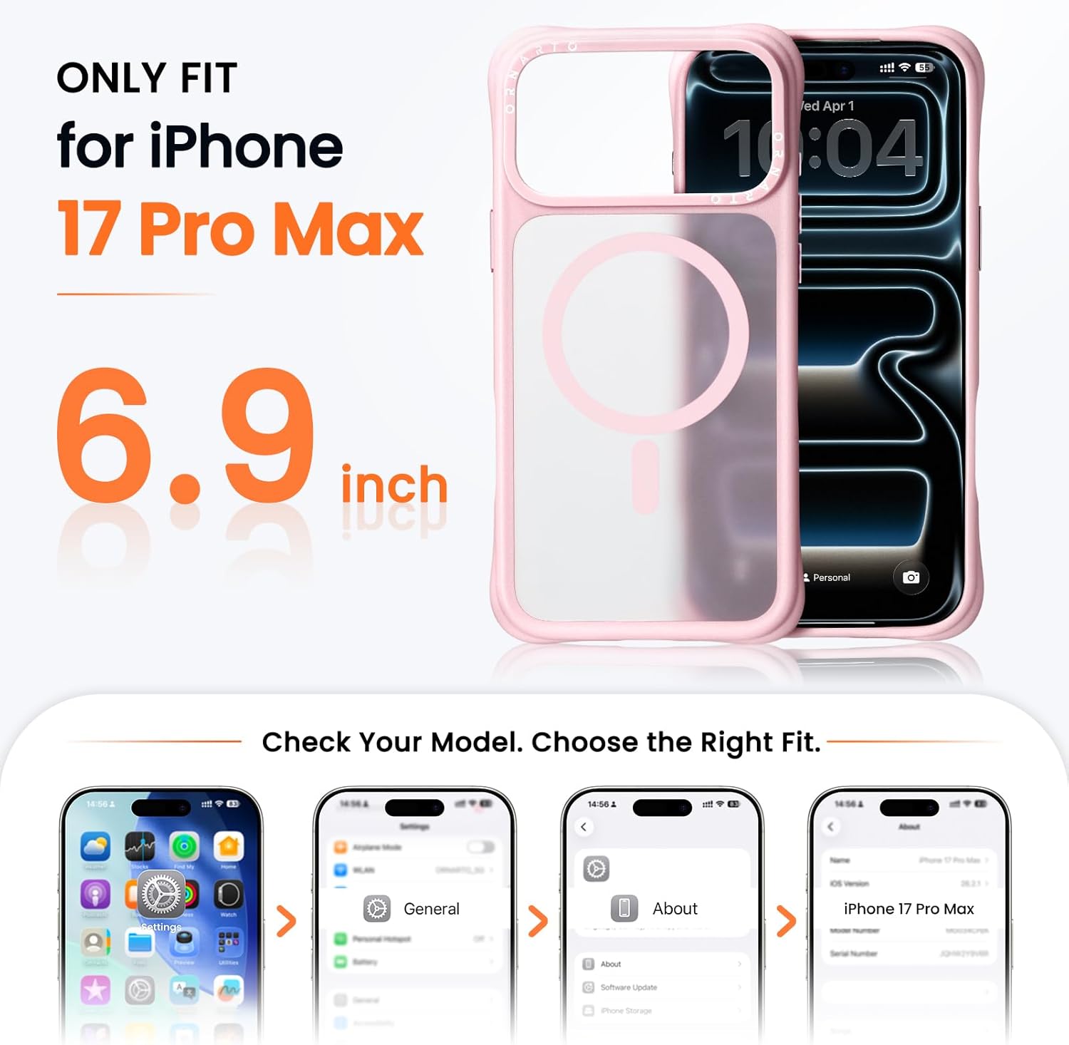 Detalle de ORNARTO Magnetic Case for iPhone 17 Pro Max – 20FT Military-Grade Protection, MagSafe Compatible, Chalk Pink