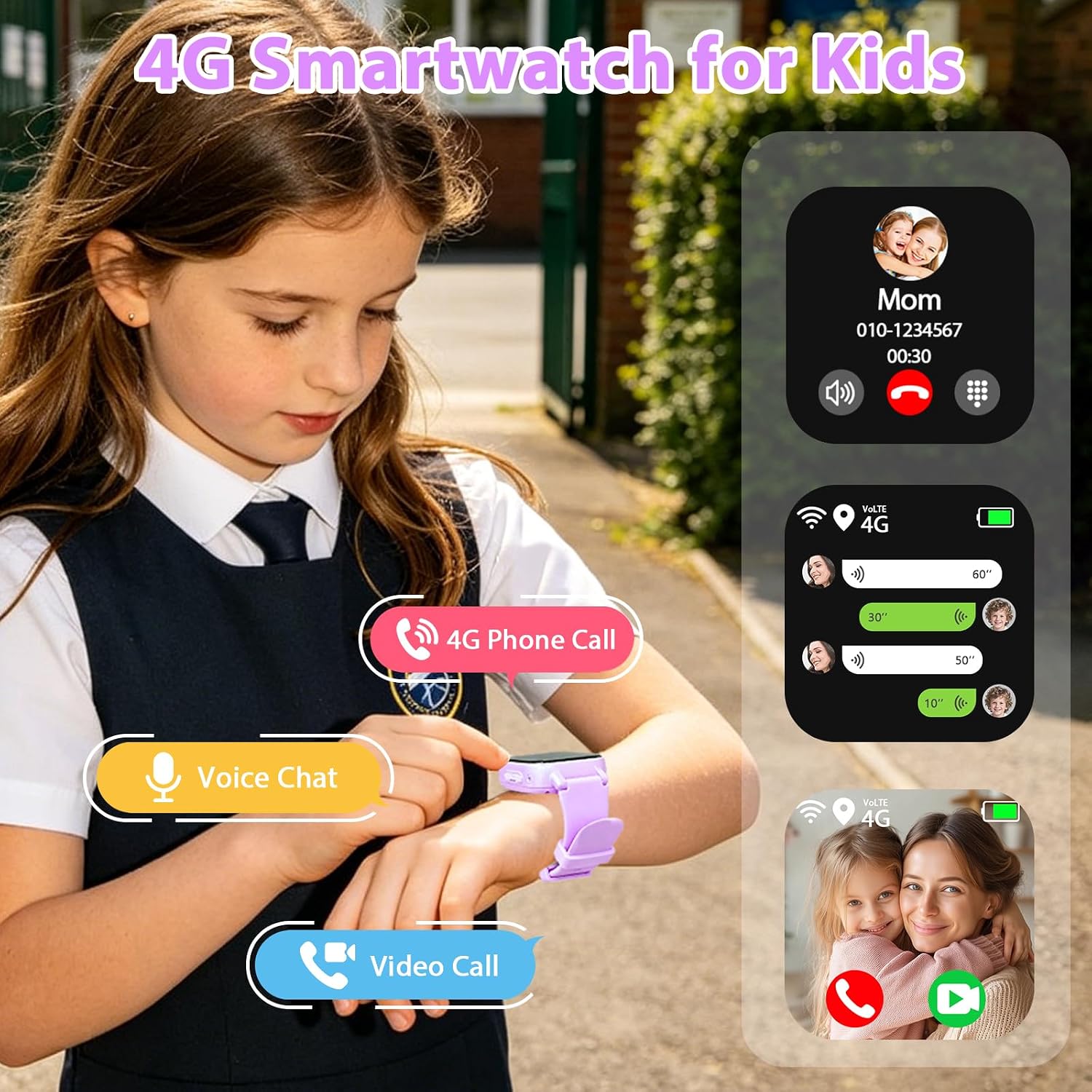 Detalle de Smartwatch Bambini 4G con Videochiamata, GPS, SOS e Modalità Classe – Lila-8A