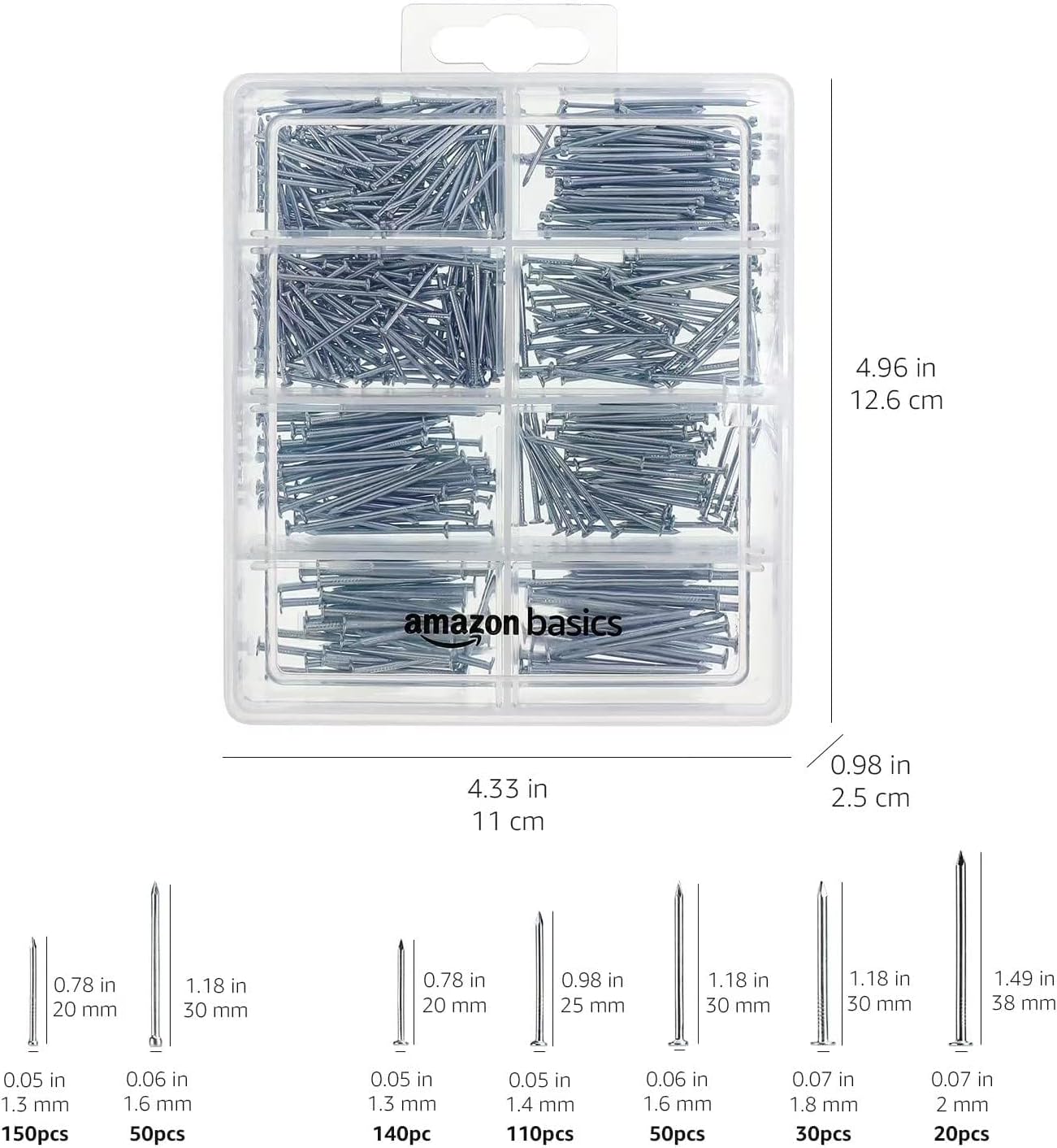 Thumbnail 1 de Amazon Basics Hardware Nail Assortment Kit – 550-Piece (Finish, Wire, Common, Brad & Picture Hanging Nails)