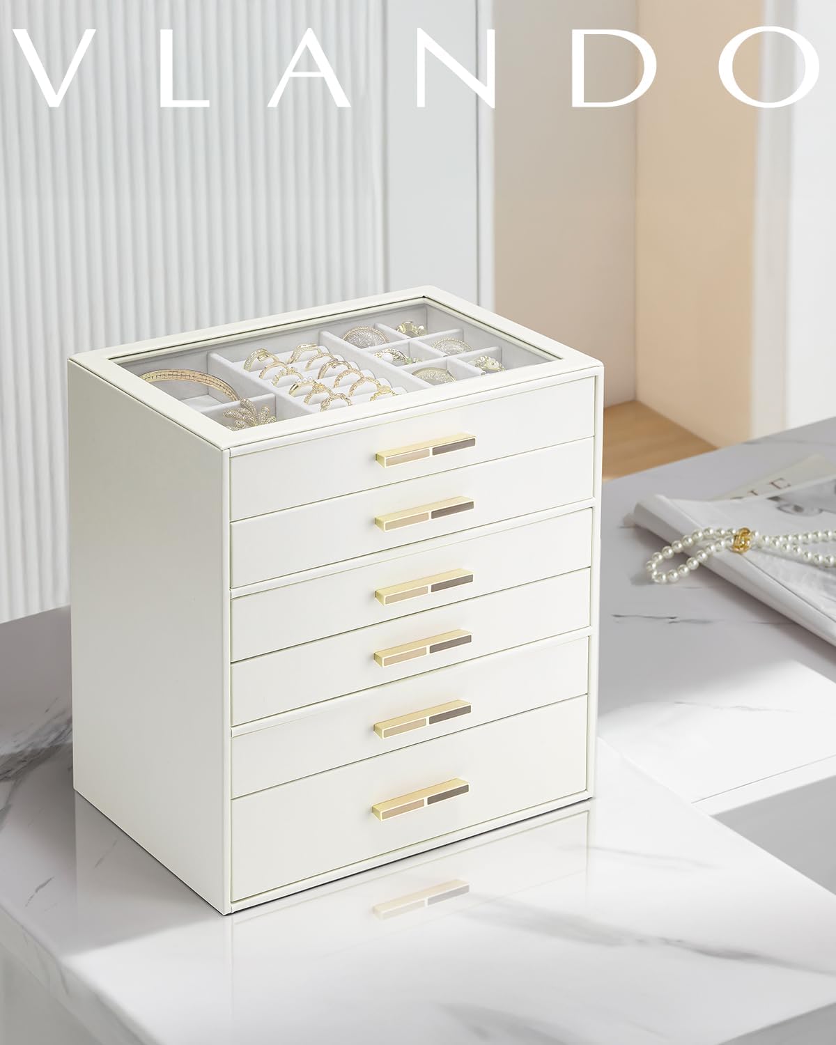 Detalle de VLANDO Schmuckkästchen Groß „Cinderella Plus“ beige mit 6 Ebenen, Glasdeckel und 6 Schubladen