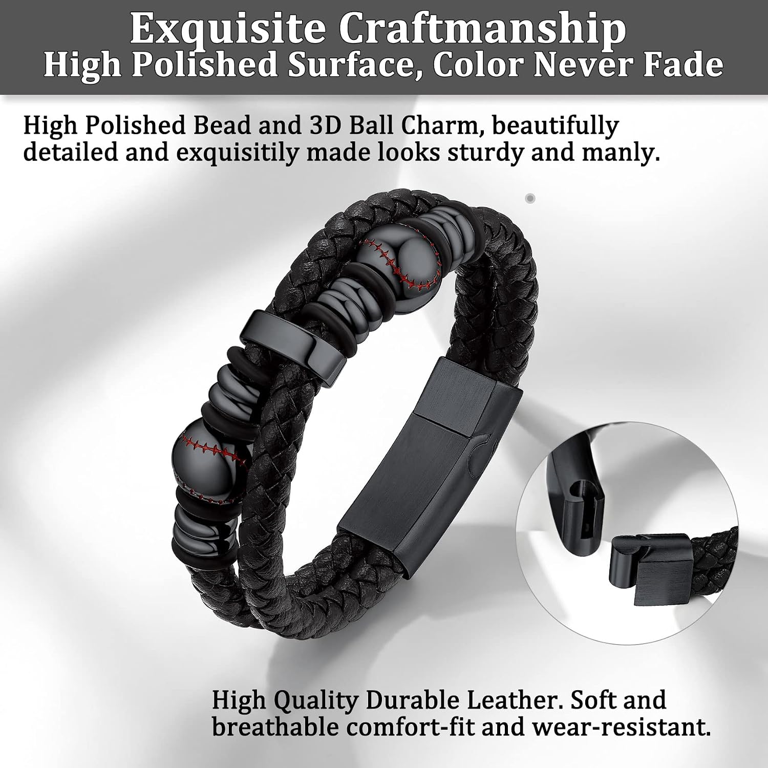 Detalle de Bestyle Lederarmband für Männer mit Edelstahl & Magnetverschluss (Gold/Silber/Schwarz) – Flechtarmband