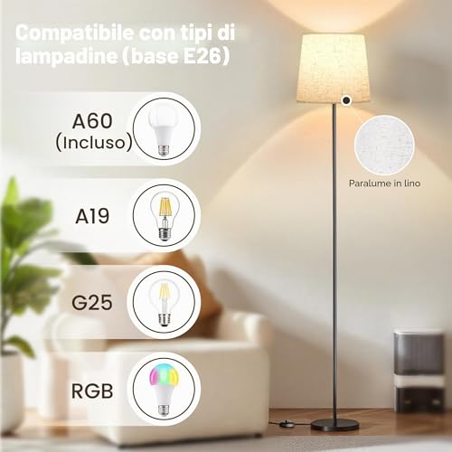 Detalle 2 de SIBRILLE Lampada da Terra Salotto 9W con Telecomando e Pedale - LED E27, 3000K–6000K, Paralume in Lino