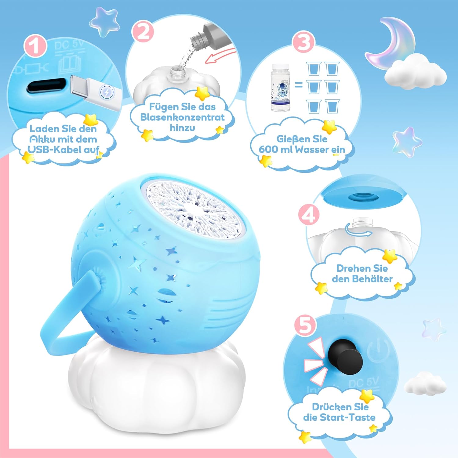 Detalle de cossy Seifenblasenmaschine – Automatisch, mit Lichtprojekt und wiederaufladbar (Blau)