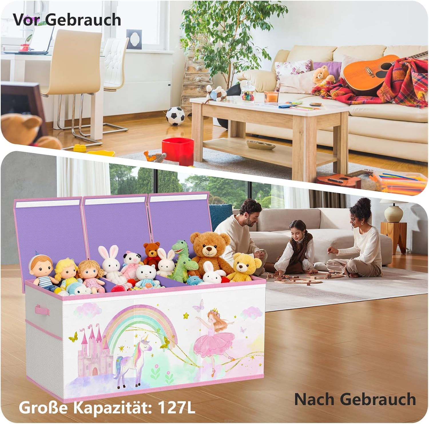Detalle de Extra Groß Aufbewahrungsbox Spielzeugkiste mit Deckel (faltbar) – Beige & Lila
