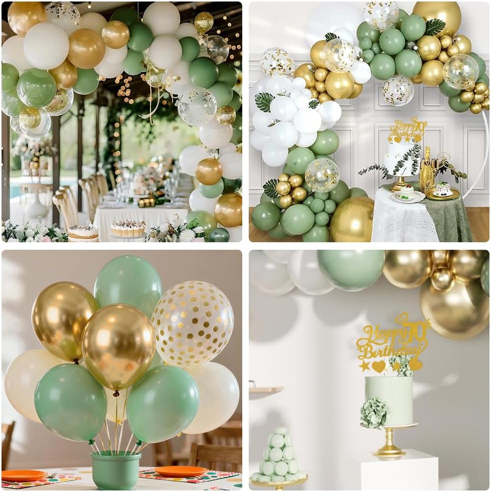 Detalle de Alaoo 40-årsballonger i grönt och guld med banner och tårtdekorationer