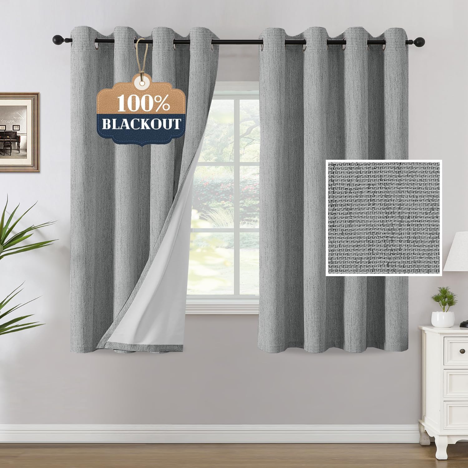 Detalle de H.VERSAILTEX 2 Chenille Linen-Look Blackout Curtains, Heather Dove Gray