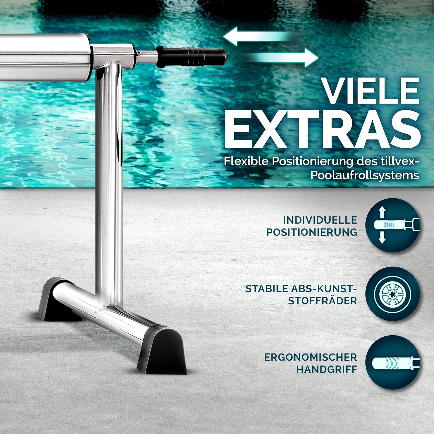 Detalle de tillvex Pool Aufroller Premium 3–5,70 m – Aufrollsystem für Solarfolie und Poolabdeckung mit Vollgummireifen