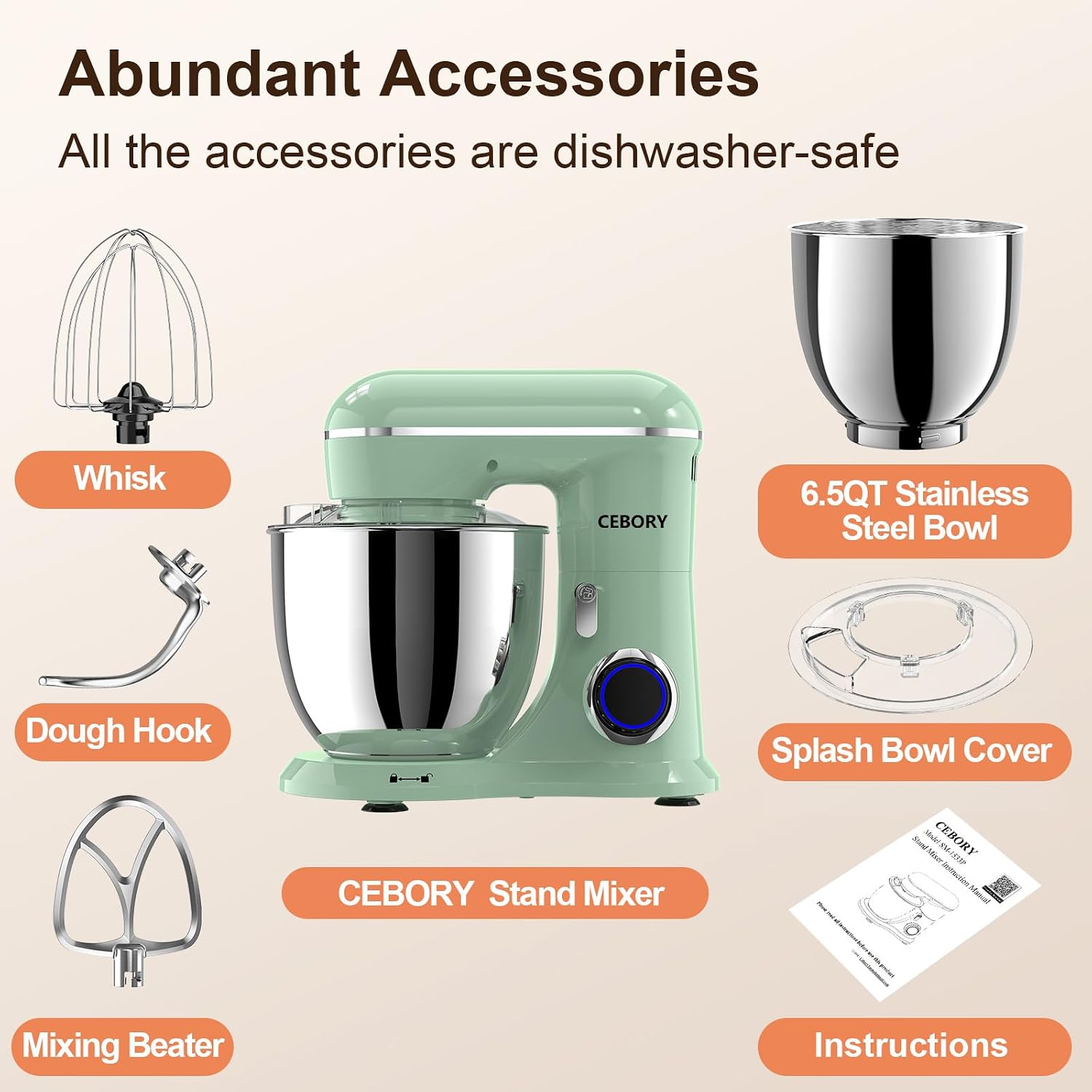 Detalle 2 de CEBORY 3-IN-1 Stand Mixer 6.5QT, 660W Kitchen Mixer 🍰