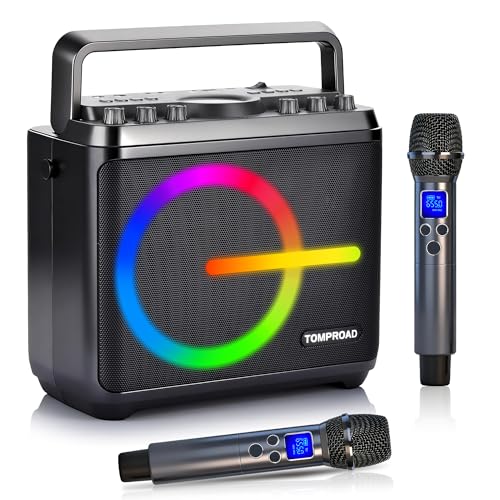 Macchina per karaoke TOMPROAD: PA portatile con 2 microfoni wireless, luci LED e Bluetooth