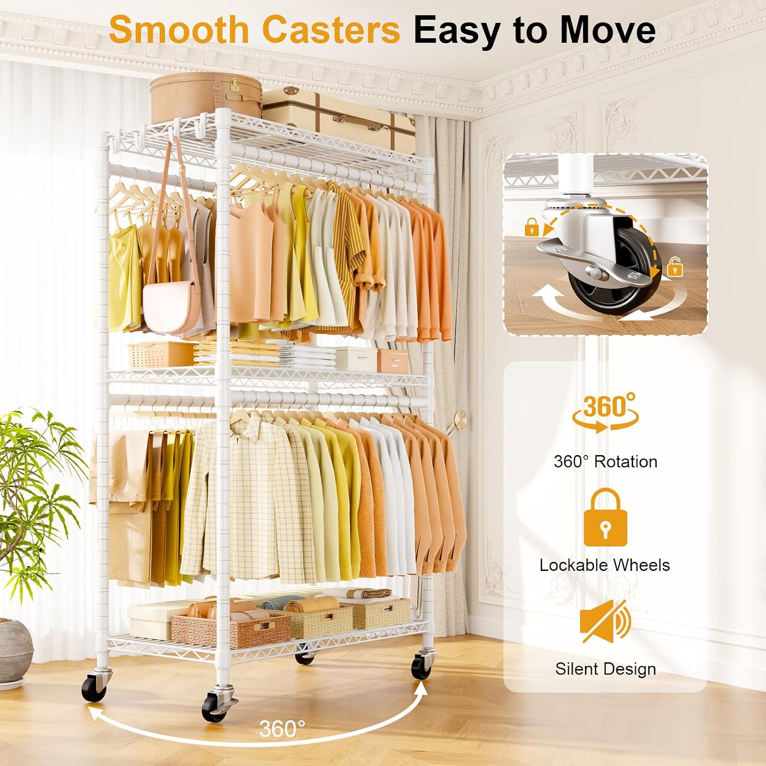 Detalle de ULIFHOME P5 Rolling Clothes Rack with Double Rods, 3-Tier Shelves and Wheels