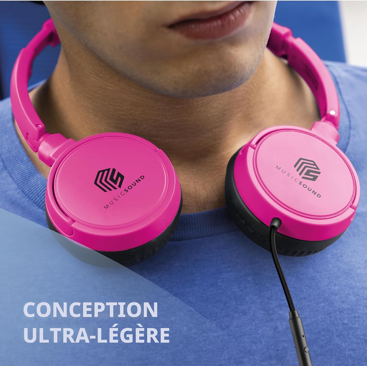 Detalle de Music Sound Casque Fil Basic — Supra-auriculaire, bandeau rétractable, micro intégré, câble anti-nœuds 1,2 m, rose