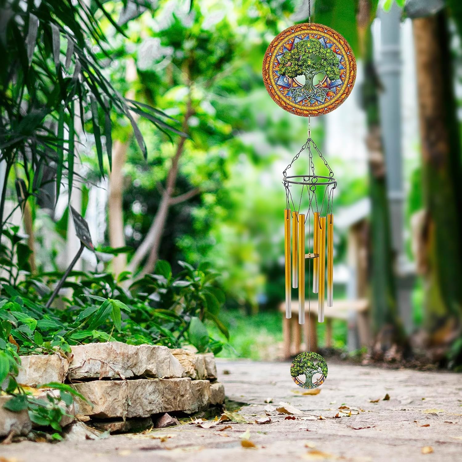 Detalle 2 de Windspiel mit Baum des Lebens Wind Spinner aus Edelstahl & Aluminium – dekorativer Outdoor-Hänger für Garten, Terrasse & Veranda