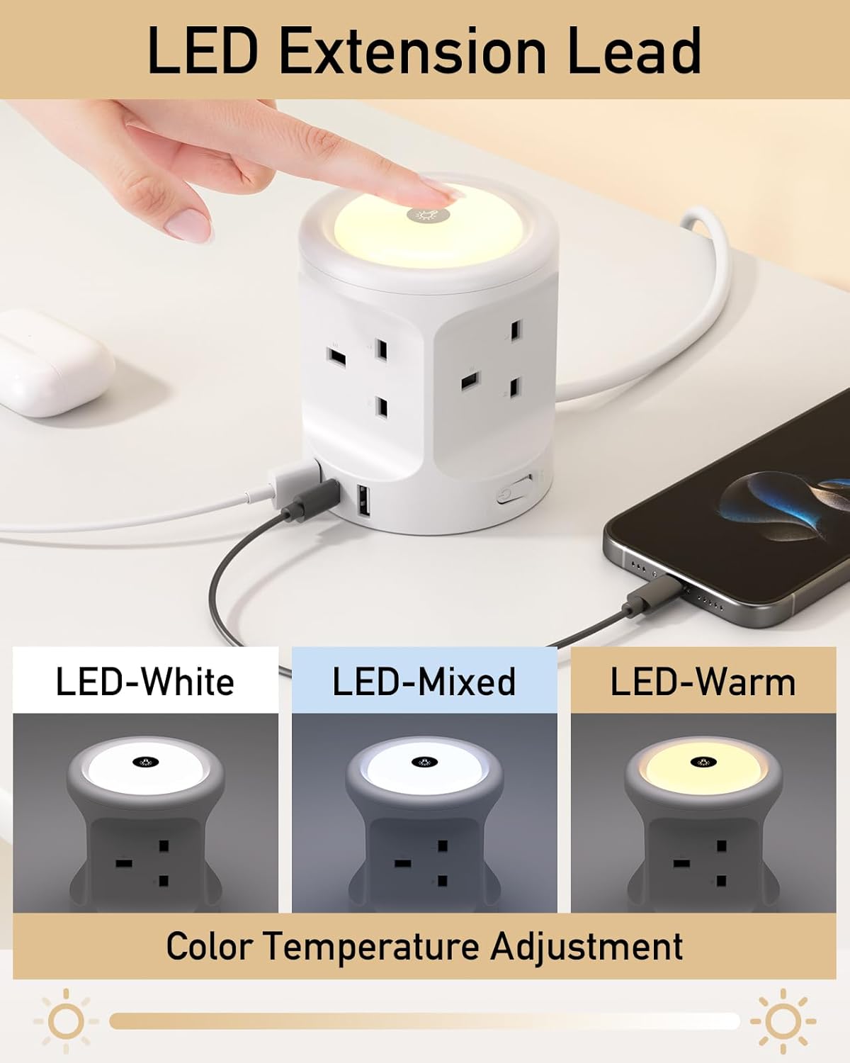 Detalle de Extension Lead with USB Slots and Night Light 4 Way 2M