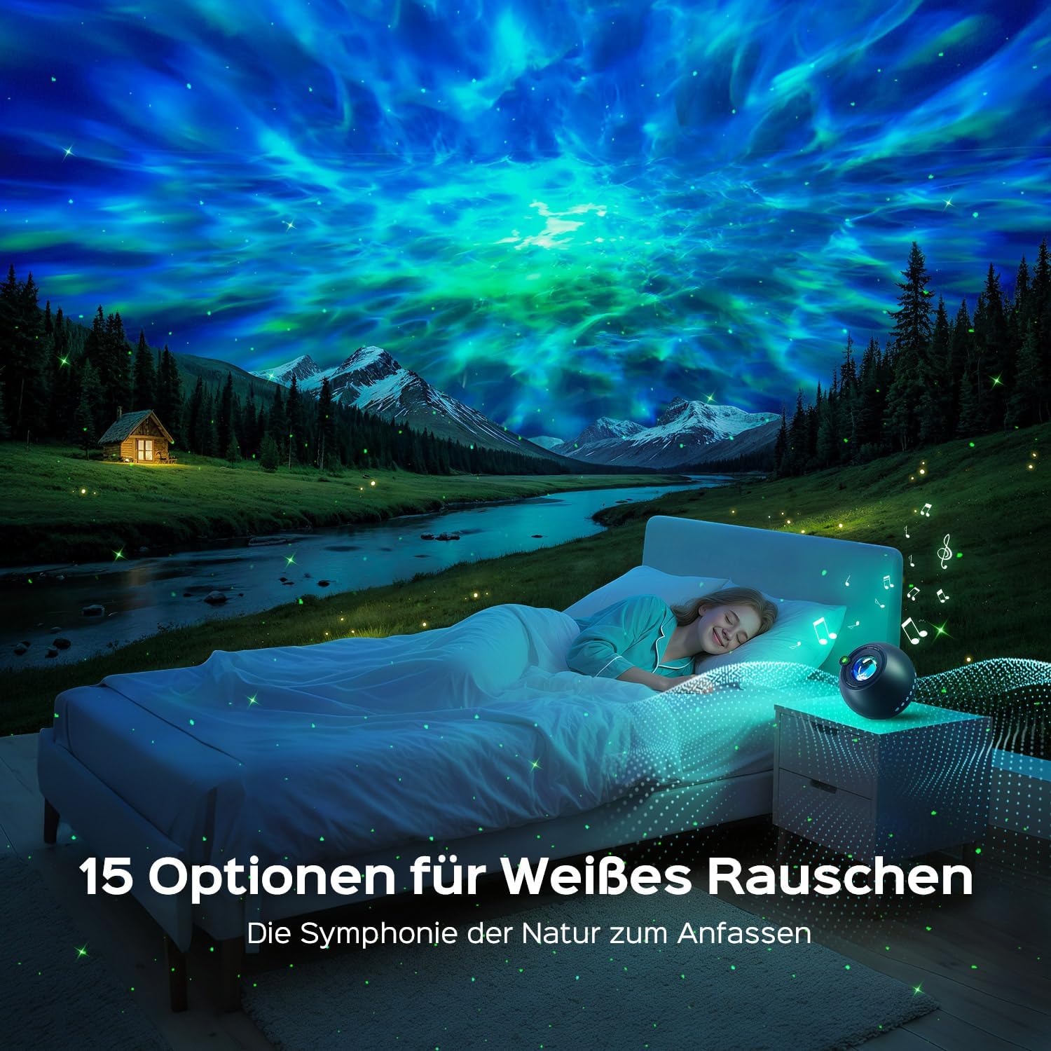 Detalle de One Fire Sternenhimmel Projektor – 15 Farben, 15 Einschlaflieder, Bluetooth & Fernbedienung