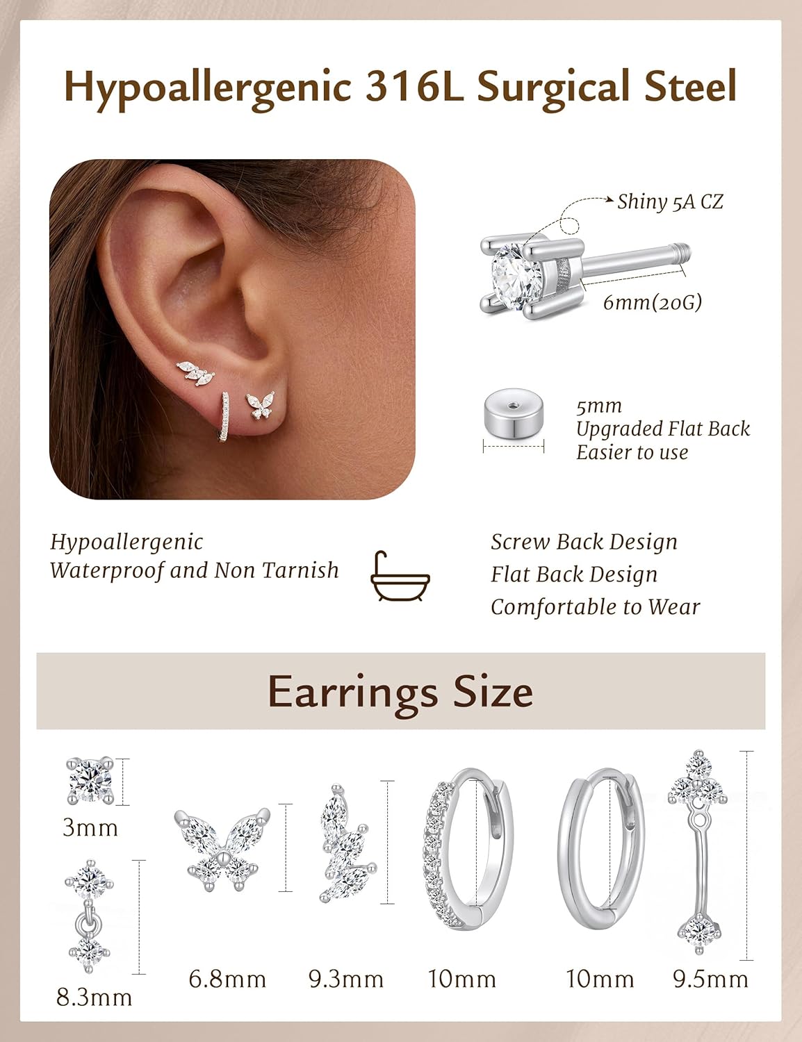 Thumbnail 6 de TINGN 7‑Paar hypoallergenes Ohrring-Set in Silber und Gold – 14K vergoldet, Zirkonia, vielseitig kombinierbar