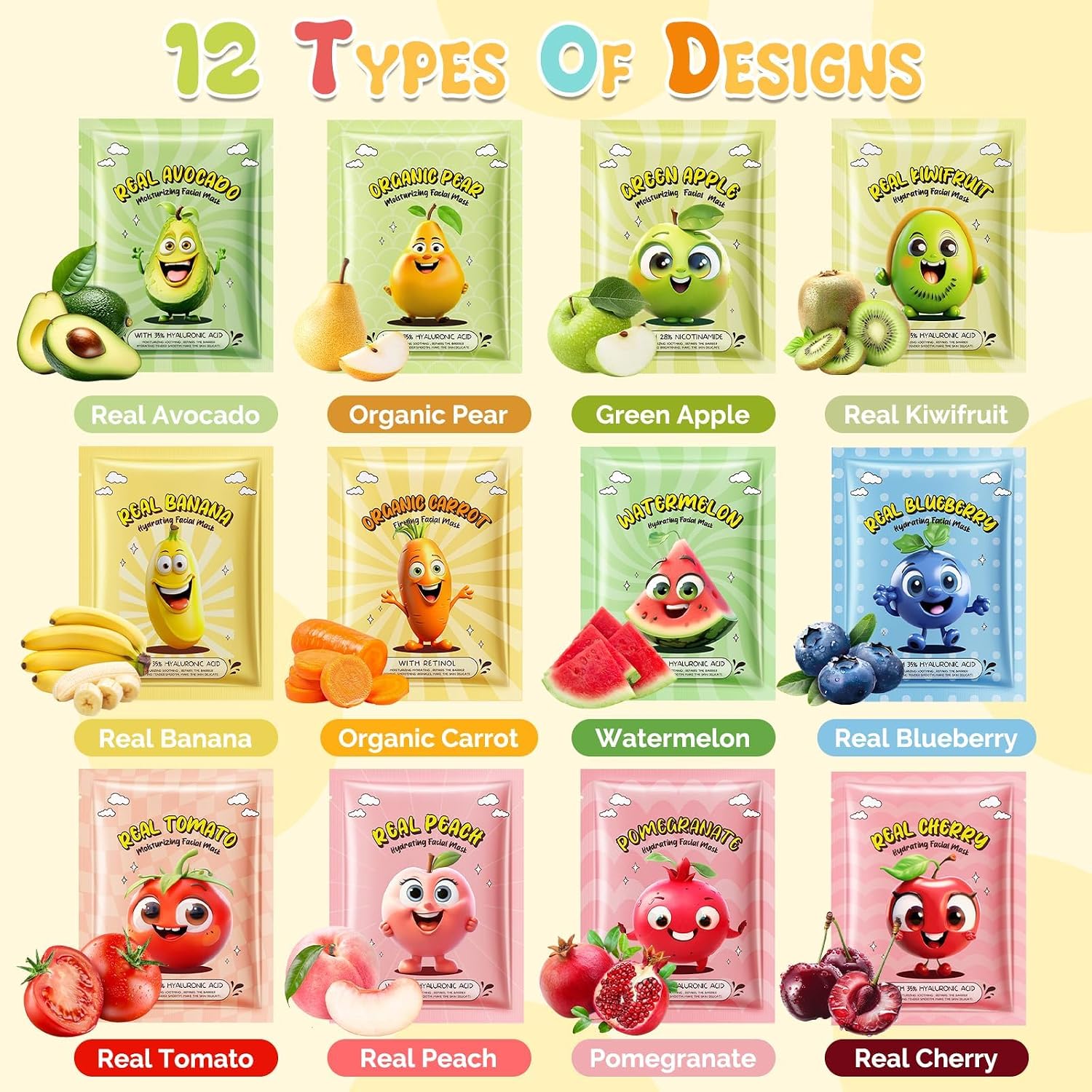 Detalle 2 de CHODEYE Fruit Sheet Masks, 12-Pack Hydrating Face Masks for Kids and Adults