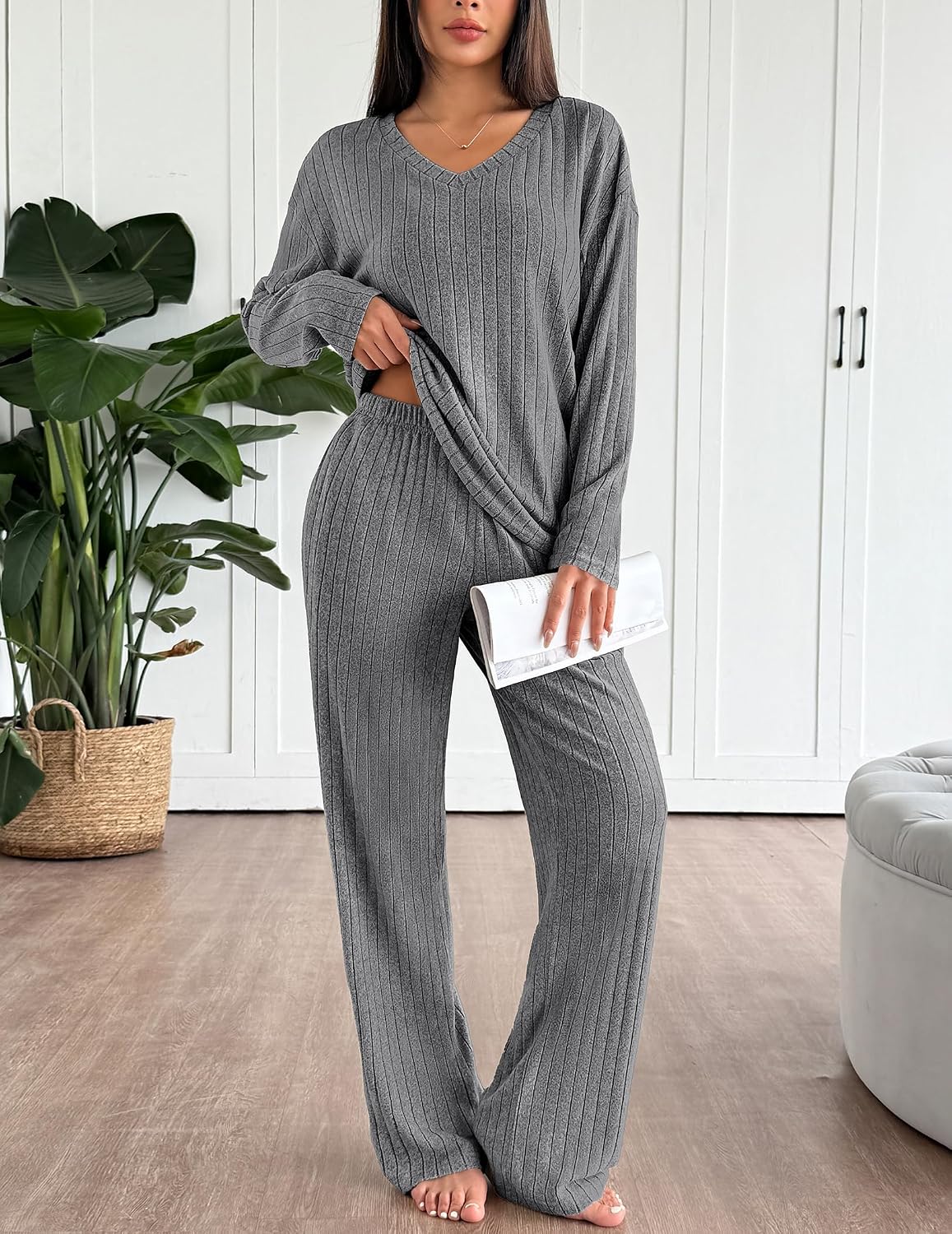 Detalle de Ekouaer Ensemble Pyjama Femme Hiver Chaud en Maille Côtelée - Lounge Set 2 pièces
