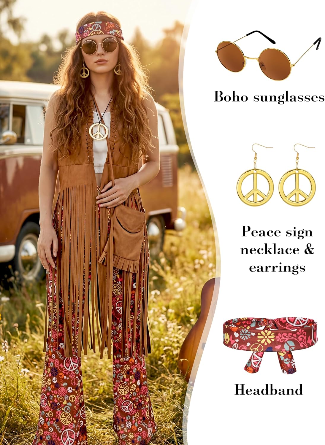 Detalle de SOMSOC 7-Piece 60s and 70s Hippie Costume with Fringe Vest and Flared Pants