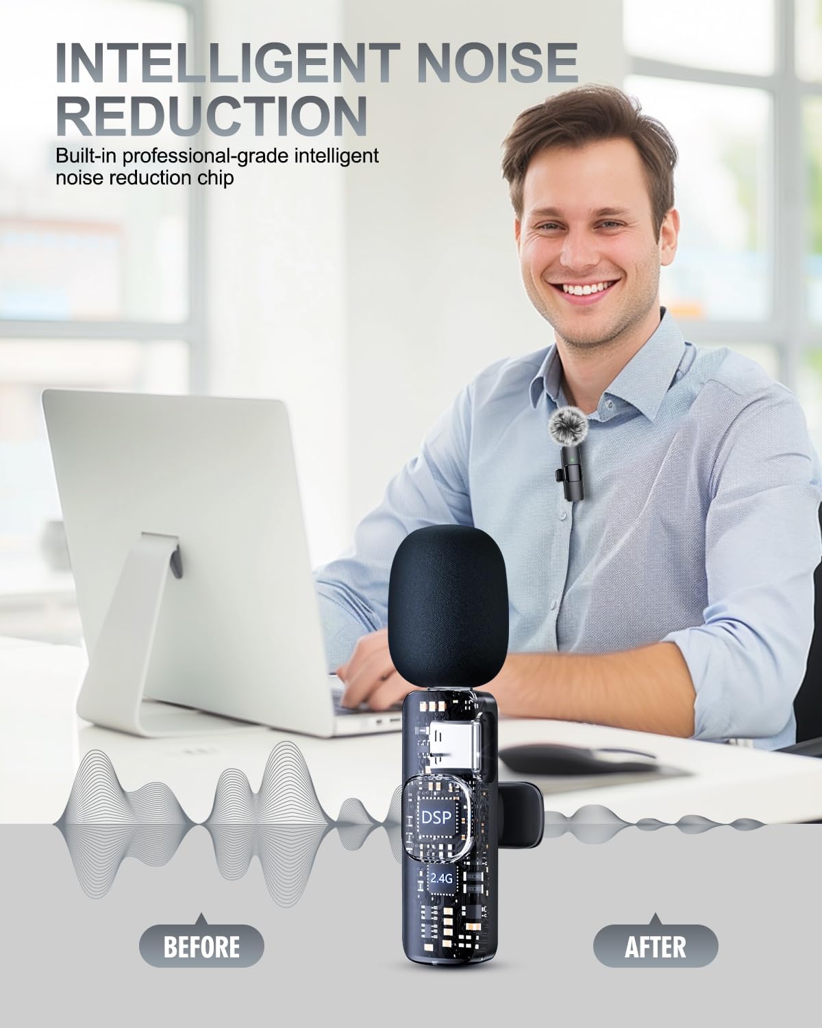 Detalle de PQRQP 3-in-1 Wireless Lavalier Microphone 🎤
