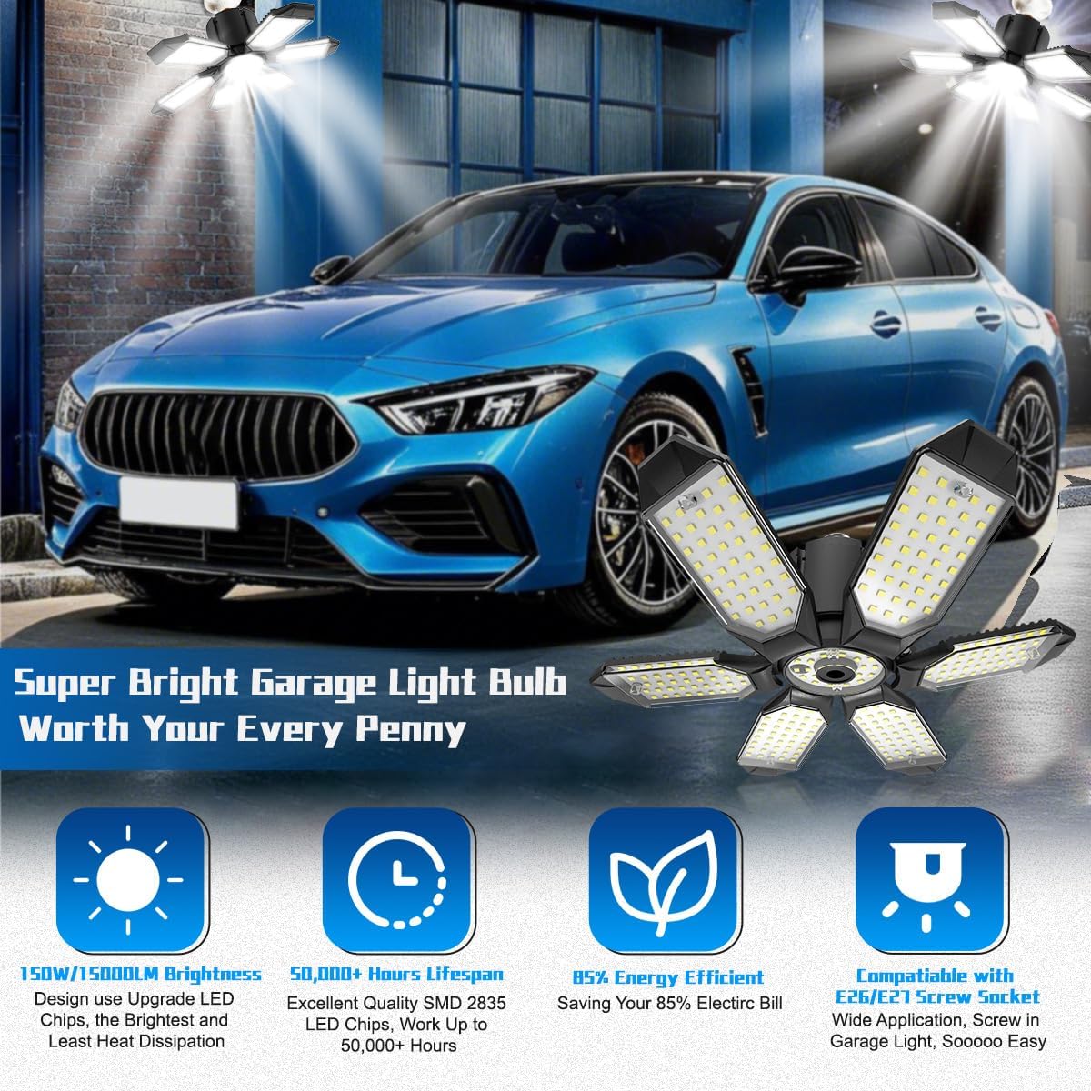 Detalle de POLARPRA Garage Light Bulbs, 6 Adjustable LED Panels, 6500K, 4-Pack