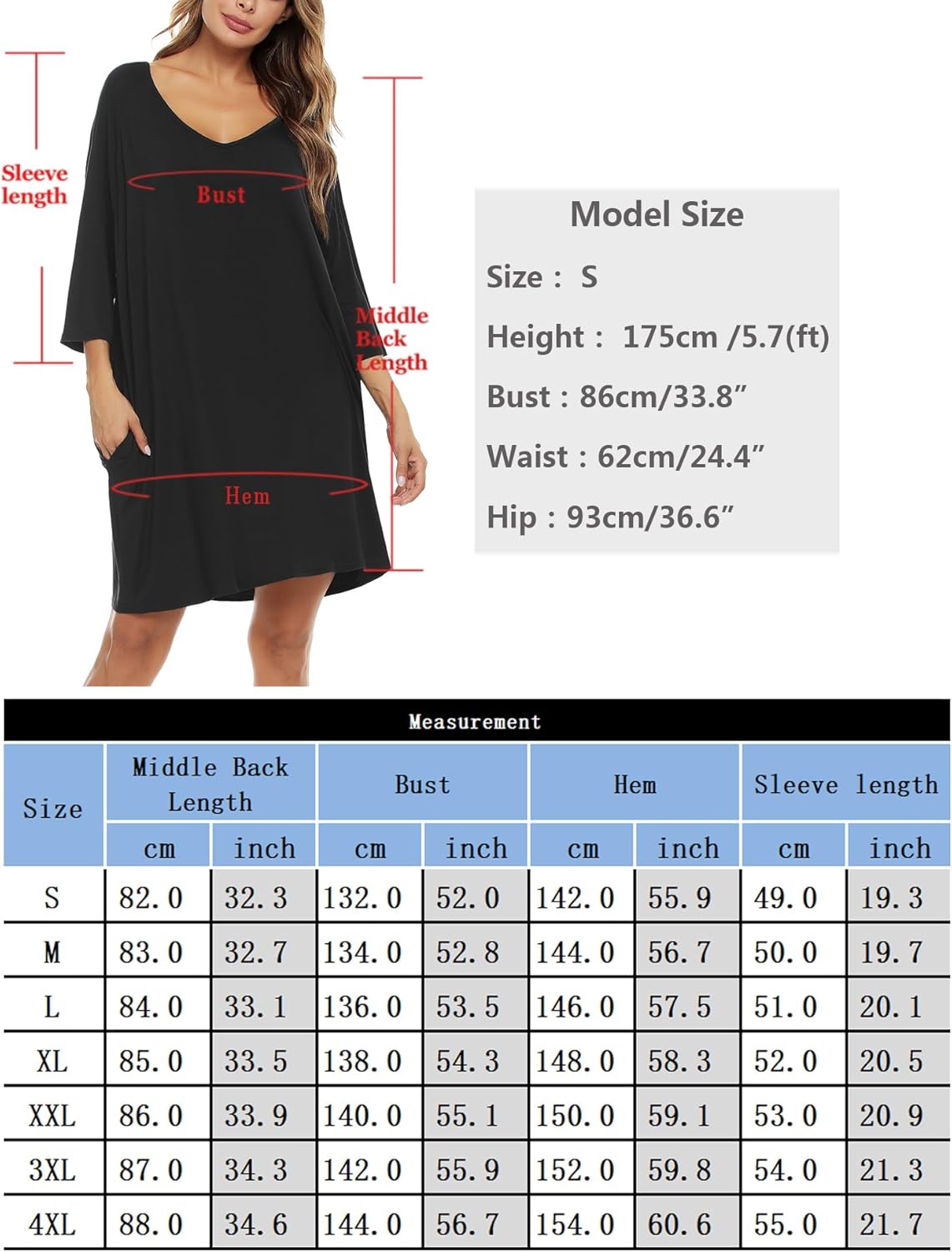 Thumbnail 5 de Bresdk Chemise de nuit femme manches 3/4 en coton modal et élasthanne (jusqu’au 4XL)