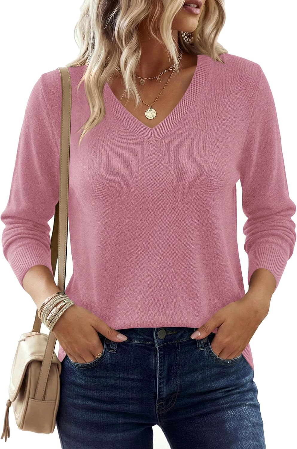 Detalle de PRETTYGARDEN Women’s V-Neck Knit Sweater, Loose Fit, Long Sleeves, Ribbed