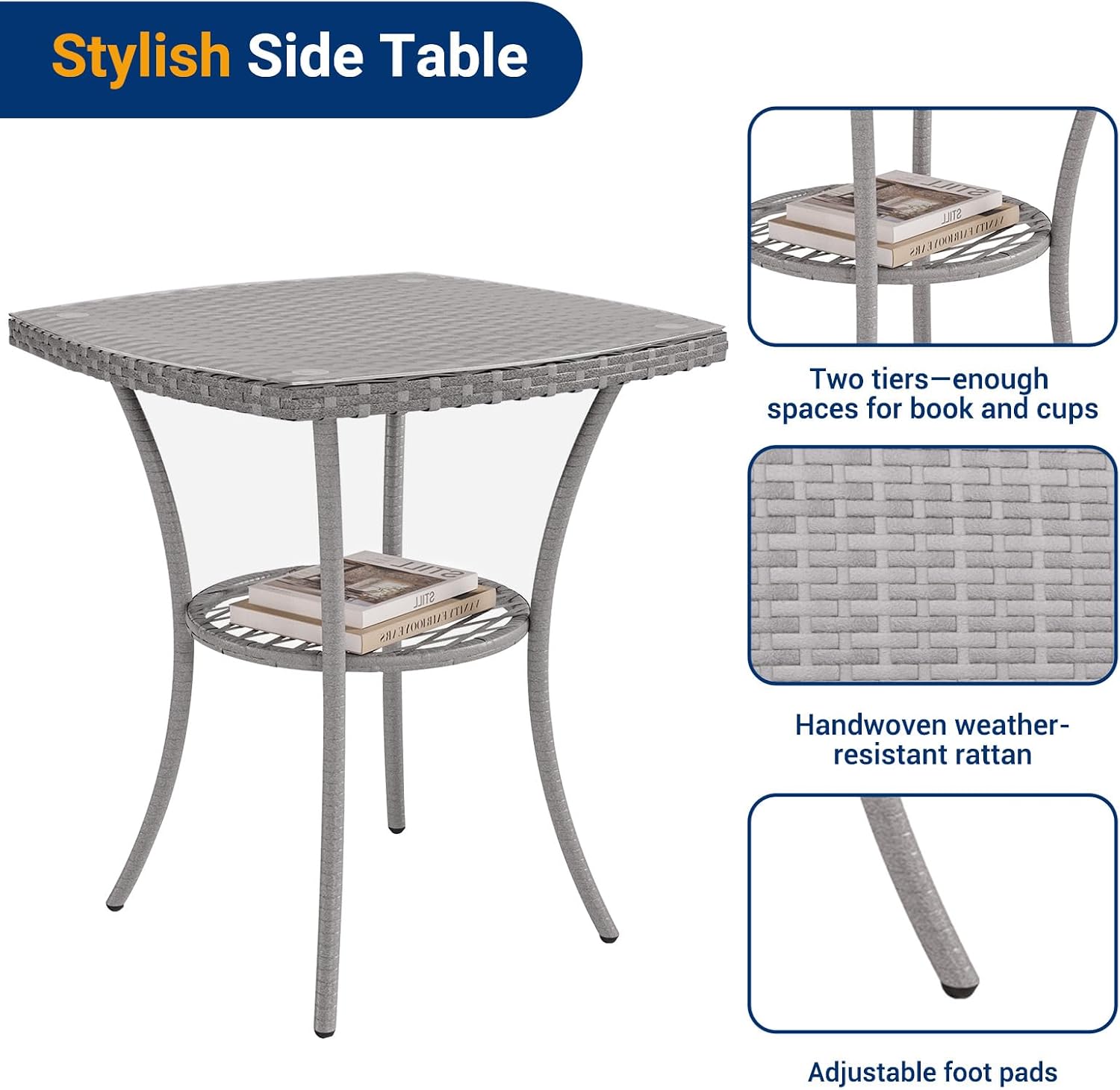 Thumbnail 5 de UDPATIO 3-teilige Gartenlounge Set für 2 Personen mit Glastisch und 2 Stühlen (Polyrattan), grau