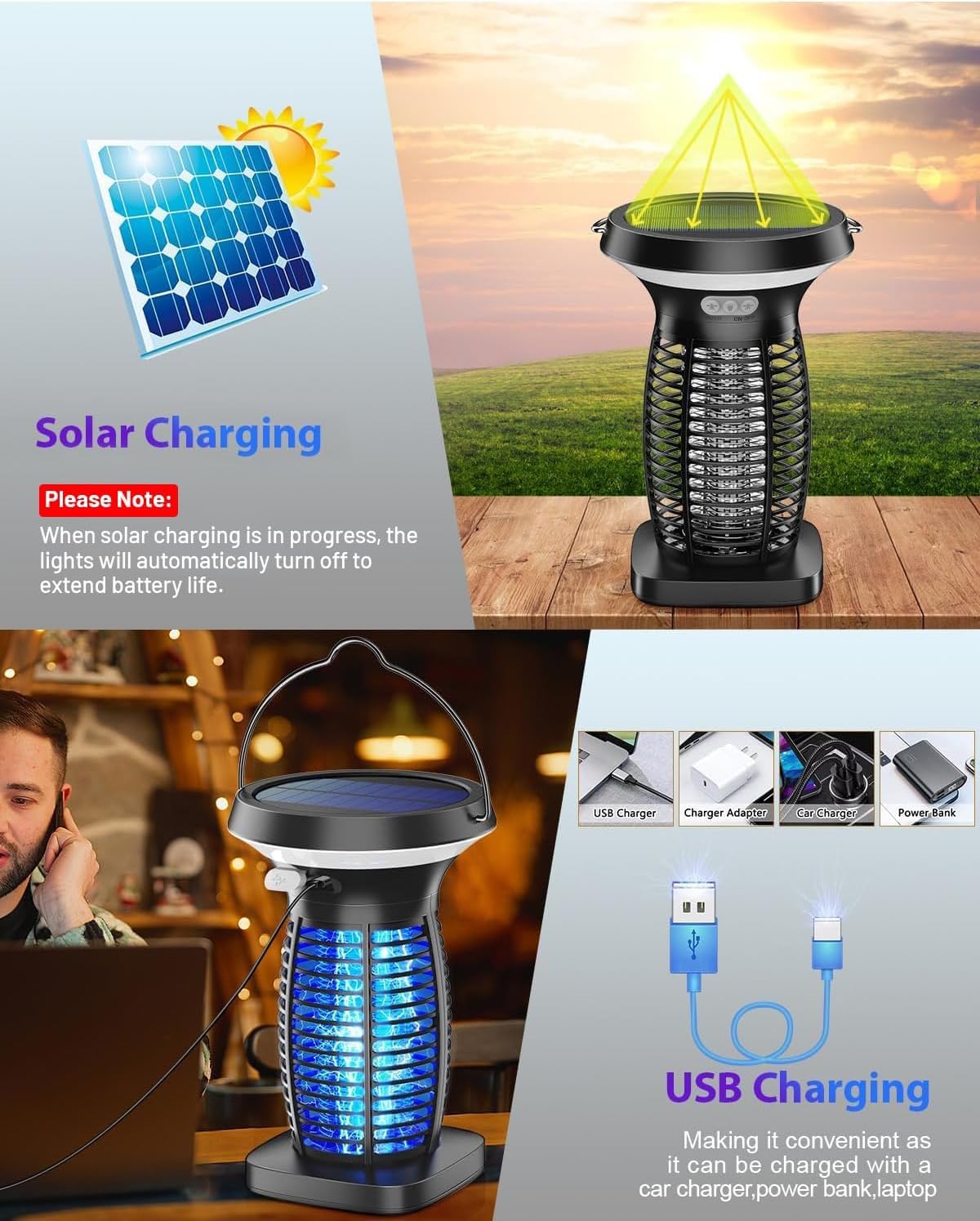 Thumbnail 1 de Solar Bug Zapper Outdoor Waterproof, Portable & Rechargeable: 3-in-1 Mosquito Killer Lamp