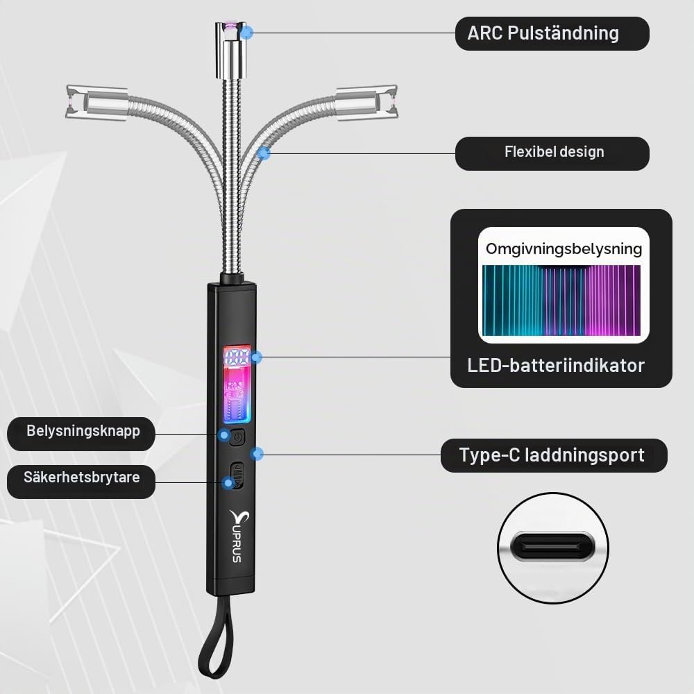Detalle de SUPRUS SDE-ZH003-b elektrisk tändare med USB-C och 360° flexibel hals