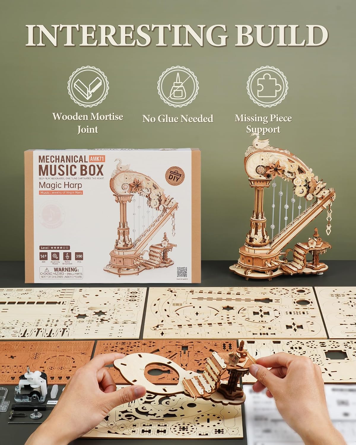 Detalle de ROBOTIME 3D Puzzle Holz Harfe Baukasten (18. Jahrhundert) mit automatischem Saitenzupfen