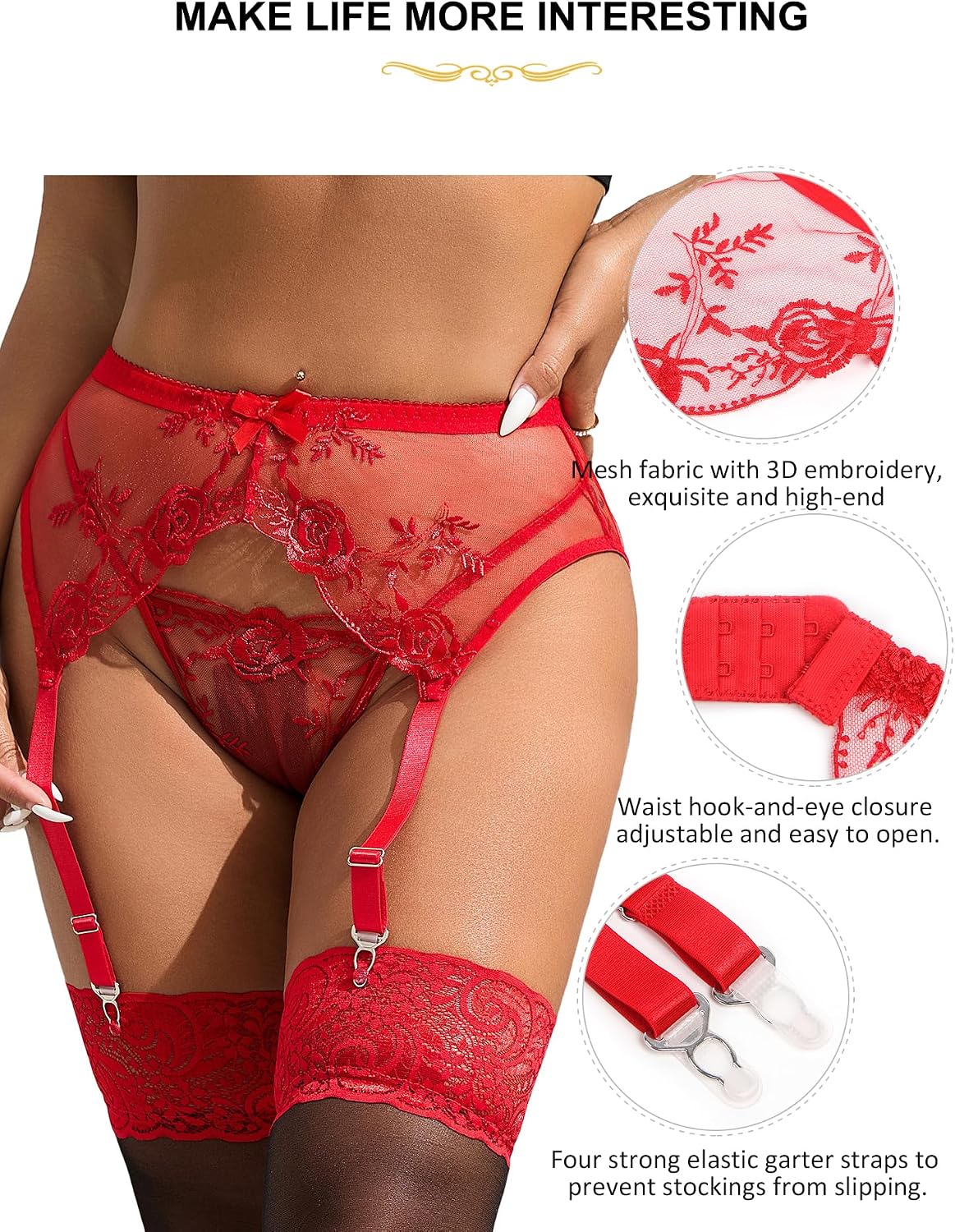 Thumbnail 3 de ohyeahlady Women Adjustable Suspender Belt Lace Garter Belt Set with 4 Metal Clips (Plus Size)