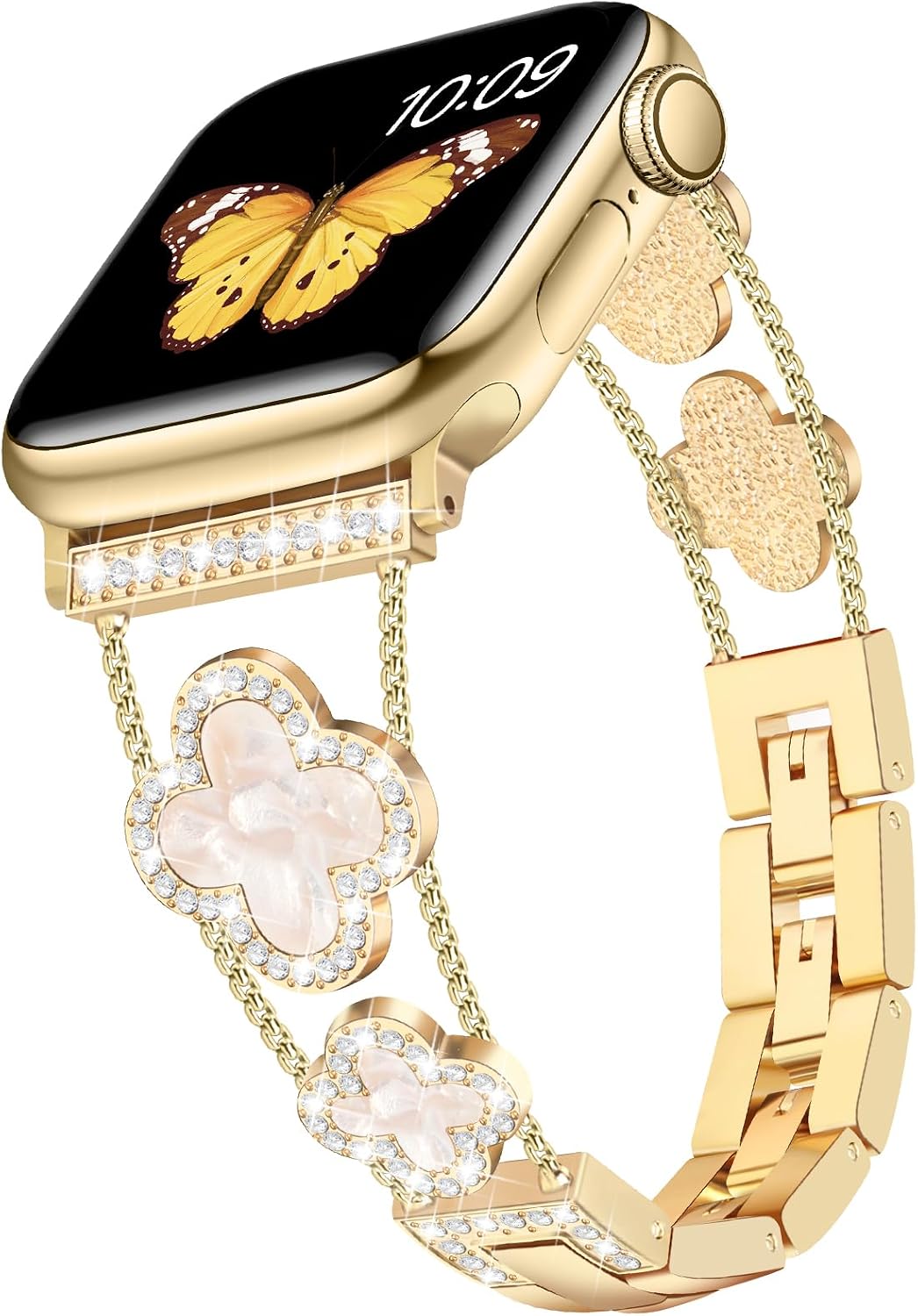 Detalle de Tasikar Bling Diamond Women Straps for Apple Watch 38–49mm (Gold) – Lucky Clover Dressy Replacement Band