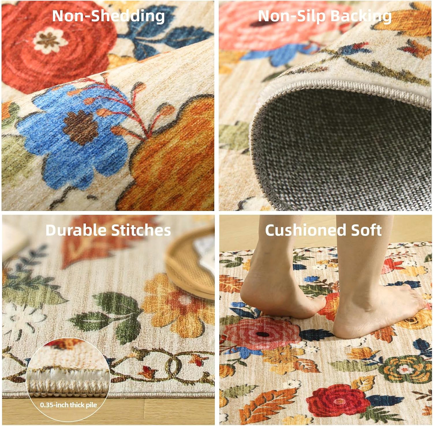Detalle de 9x12 Area Rug for Living Room – Washable, Non-Slip, Low-Pile Faux Wool with Distressed Vintage Floral