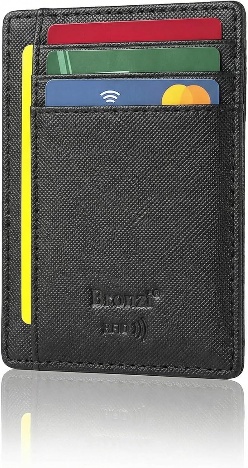 Bronzi portafoglio sottile RFID Nero in similpelle Saffiano: mini porta tessere e carte