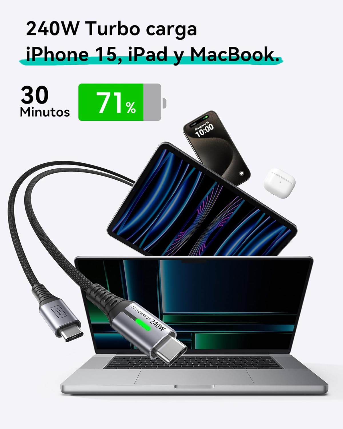 Detalle 2 de INIU 240W Cable USB-C 2 m PD 3.0 para móviles