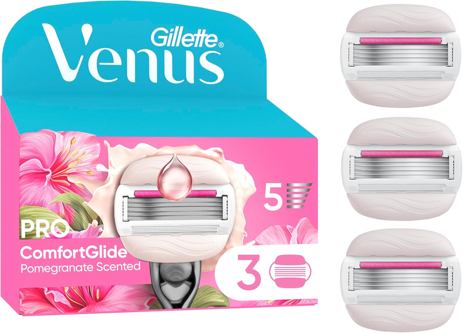 Detalle de Gillette Venus Pro ComfortGlide Pomegranate – 5‑blade system with Olay moisturiser, reusable handle and shower holder