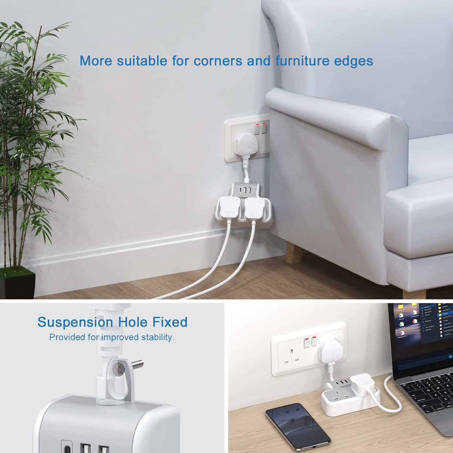 Thumbnail 3 de TOPREK 6.2cm Short Extension Lead with USB Ports: A Compact 5‑In‑1 Wall Socket for Home, Office and Travel