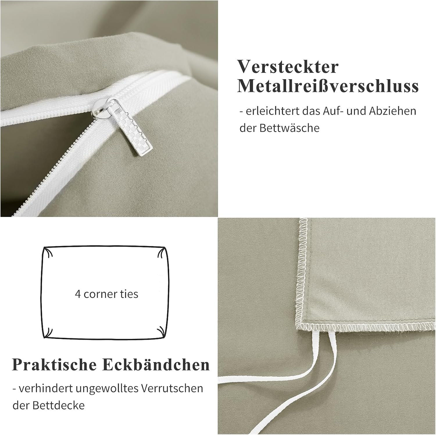 Detalle de Aisbo Bettwäsche 135x200 cm, 4-teilig Taupe – Mikrofaser mit Reißverschluss, ÖKO-TEX