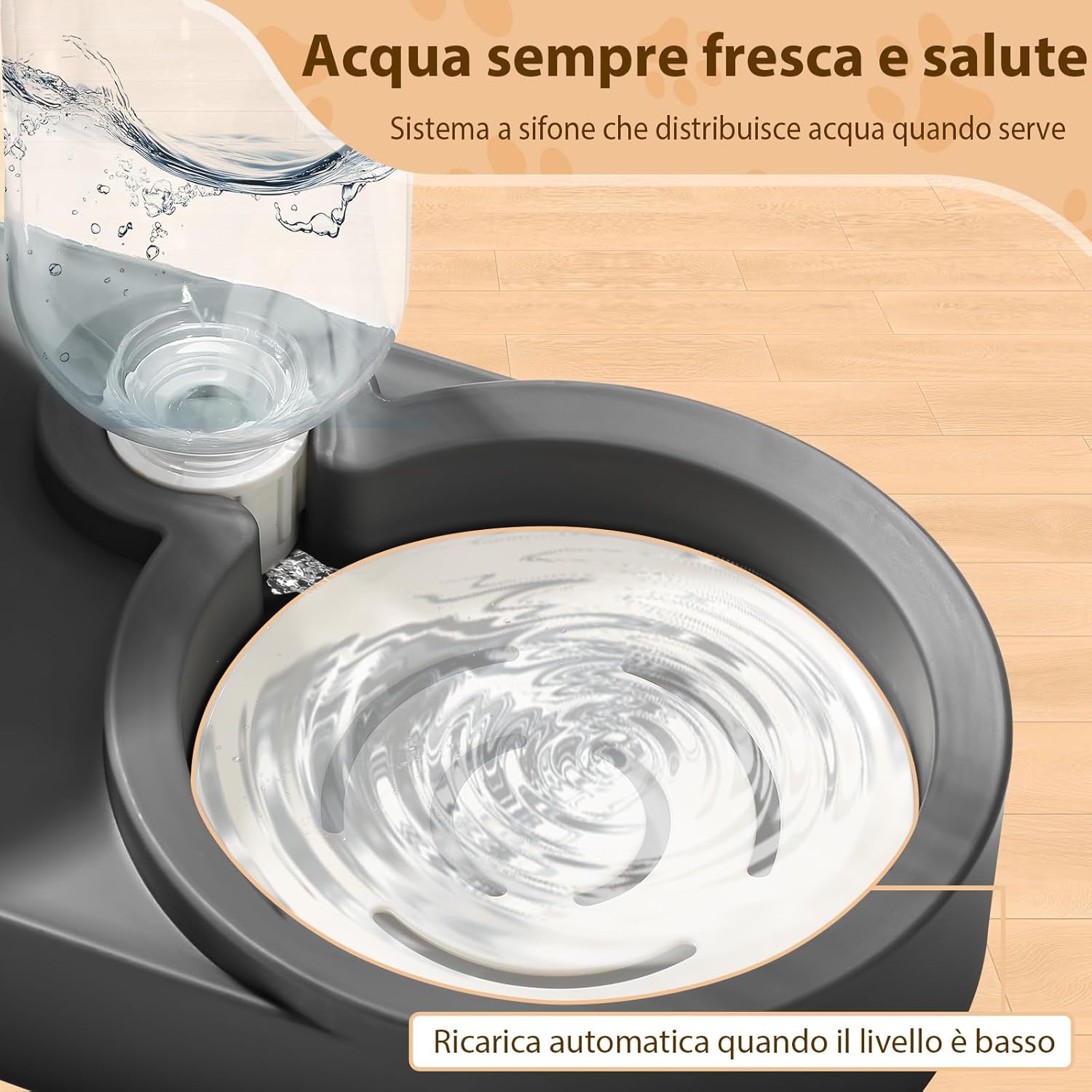 Detalle de Marchul ciotole rialzate per gatti con supporto inclinato 15°, acciaio inox e bottiglia d’acqua a gravità da 500 ml