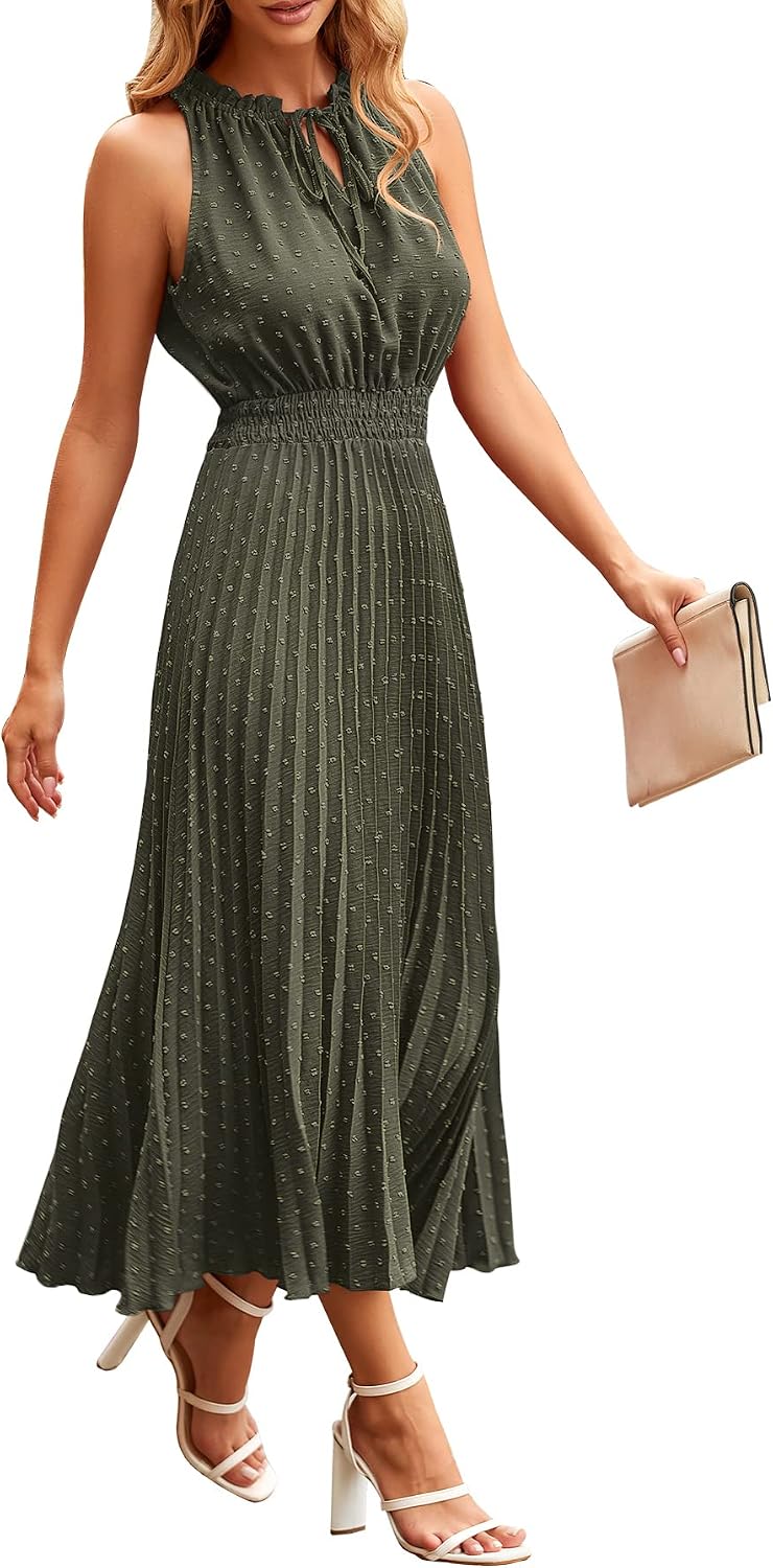 Detalle de PRETTYGARDEN Women's Midi Summer Dress with Swiss Dot, V-Neck, and Ruffle Sleeves