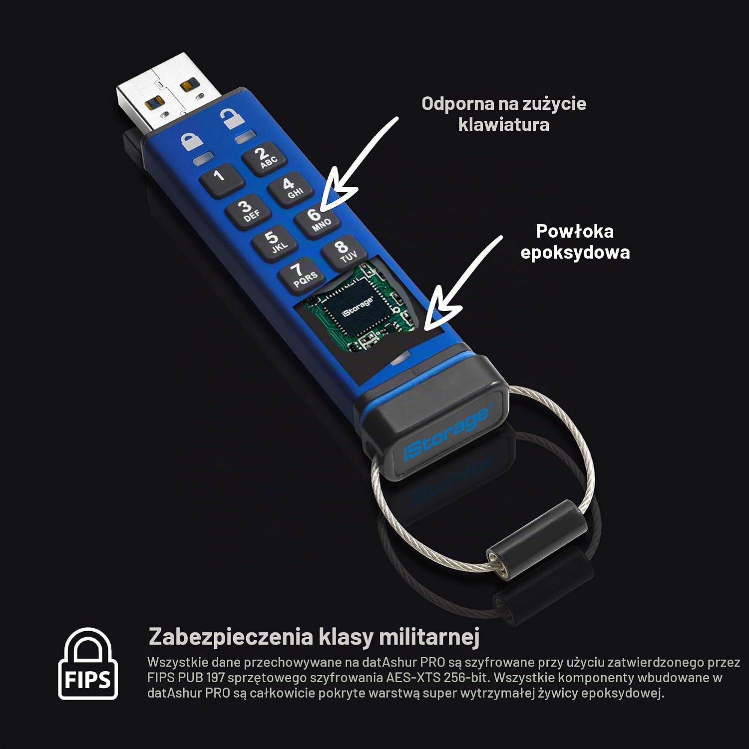 Detalle de iStorage datAshur PRO 64 GB – szyfrowana pamięć USB z PIN-em, AES-XTS 256-bit i IP57