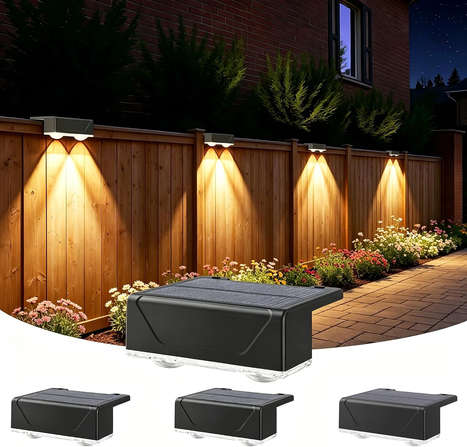 Detalle de Lankey Sound Solar Fence Lights Outdoor Garden (4 Pack) – 3 Modes, IP67, Solar Powered