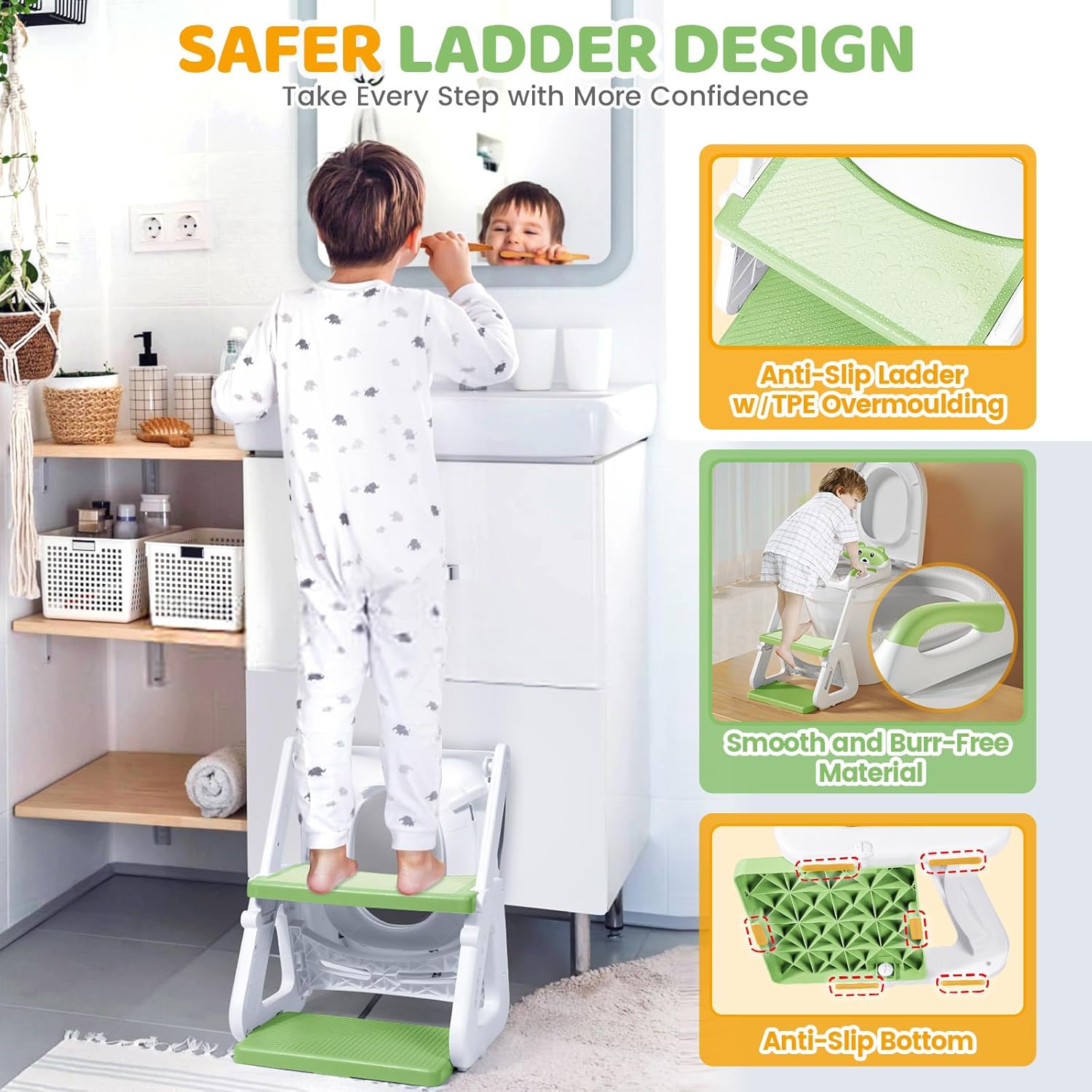 Detalle de Potty Training Toilet Seat - Upgraded 2-in-1 Toddler Seat with Stable Triangle Base and Extended Pedal (Bear Green)