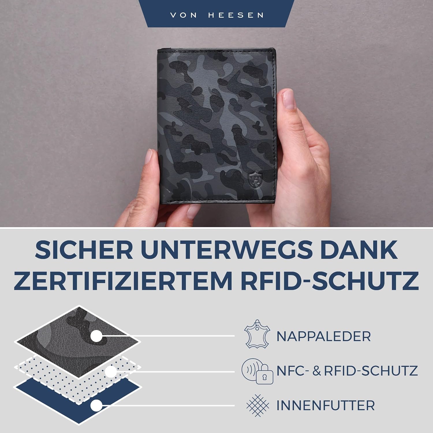 Thumbnail 4 de VON HEESEN Leder Geldbörse mit Münzfach und RFID-Schutz – Camouflage Grau