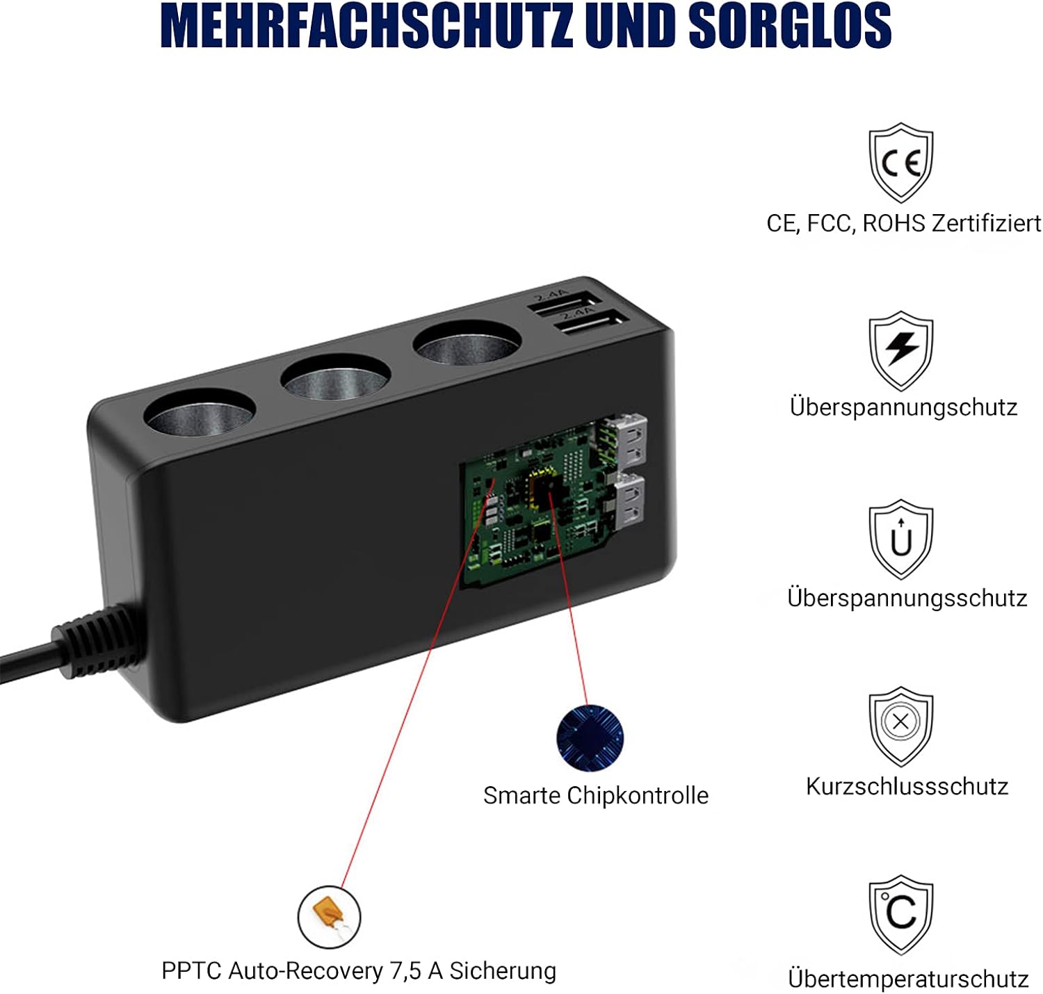 Thumbnail 5 de Qidoe Zigarettenanzünder Verteiler Auto Adapter 12V/24V (120W) mit 4× USB, LED-Voltmeter & Schalter