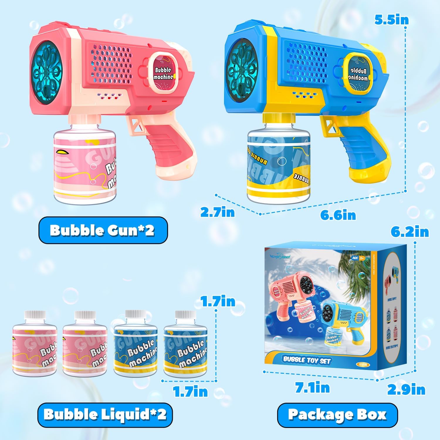 Detalle 2 de EagleStone 2 Pack Bubble Guns for Kids – automatic bubble blaster with LED lights (ages 3–8)