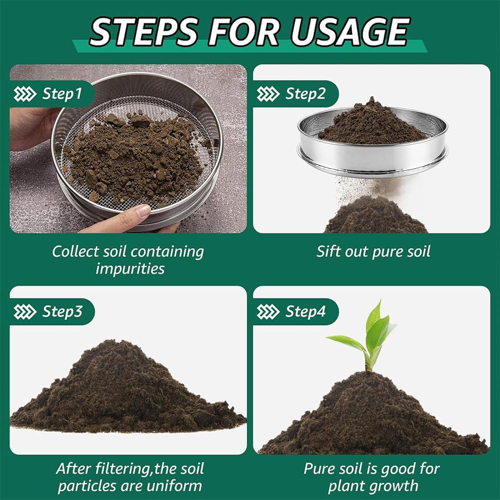 Detalle 2 de Rundes Gartensieb Edelstahl 20 cm (5-in-1) mit 5 Siebeinsätzen 3–12 mm, Schaufel, Pflanzenetiketten & Handschuhen