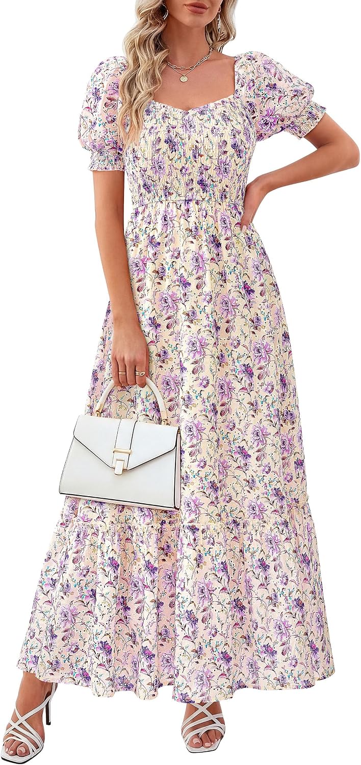 Detalle de PRETTYGARDEN Floral Boho Maxi Dress with Smocked Bodice, Eyelet Detail, and Pockets